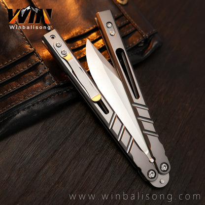 Boundless Sandwich AB Titanium Alloy Balisong, Fancy Dull Blade Non-Sharp Trainer