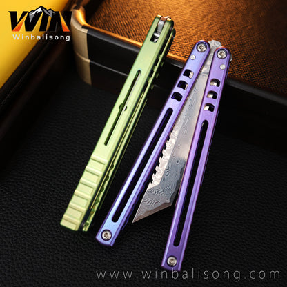 Armed Shark Damascus Titanium Shark  Titanium Alloy Balisong Unsharpened