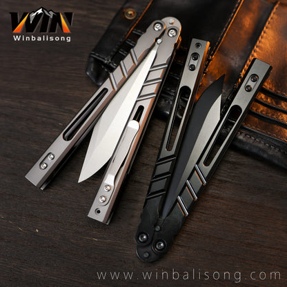 Boundless Sandwich AB Titanium Alloy Balisong, Fancy Dull Blade Non-Sharp Trainer
