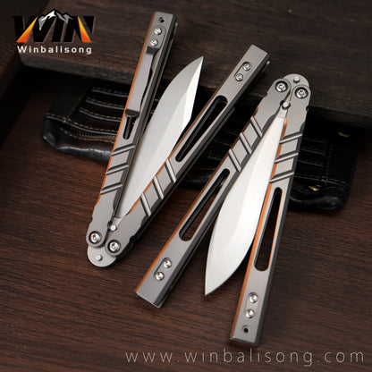 Boundless Sandwich AB Titanium Alloy Balisong, Fancy Dull Blade Non-Sharp Trainer